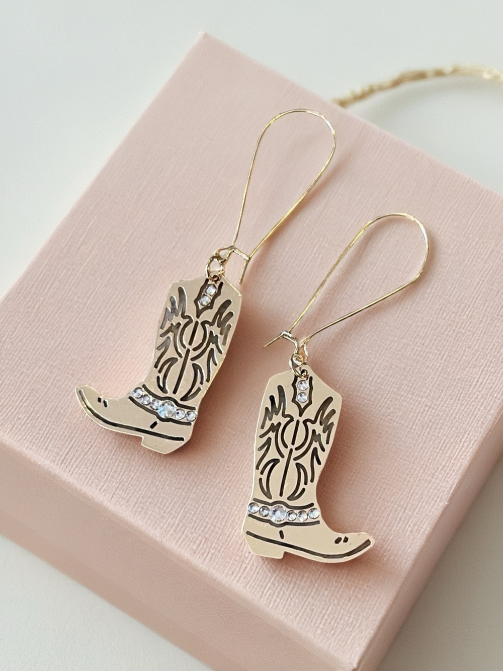 Gold Cowboy Boot Drop Earrings with Rhinestone Accents